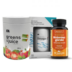 FA Nutrition Greens & Juice 300g + Omega 3 120 kaps. + Pharmovit Różeniec Górski 20:1 90 kaps.