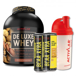 2x Activlab Shaker  + 2x Activlab Energy In Sport BCAA Xtra - 250ml + Activlab DE LUXE Whey - 2000g - Masło Orzechowe z Maliną